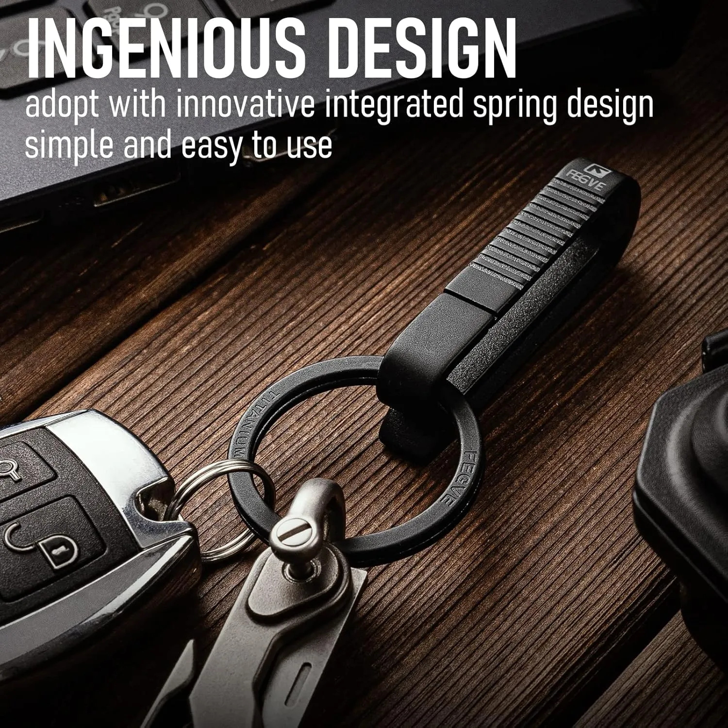 FEGVE Belt Key Holder, Titanium Key Belt Clip with Keyring for Keys, Keychain Hook for Men Dad (Black - RK1)
