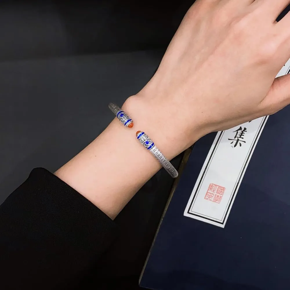 Feng Shui Bracelet, Vintage 999 Sterling Silver Heart Sutra Bracelet, Tibetan Buddhist Great Mercy Mantra Amulet, Neo Chinese Style Wealth Lucky Adjustable Bracelets