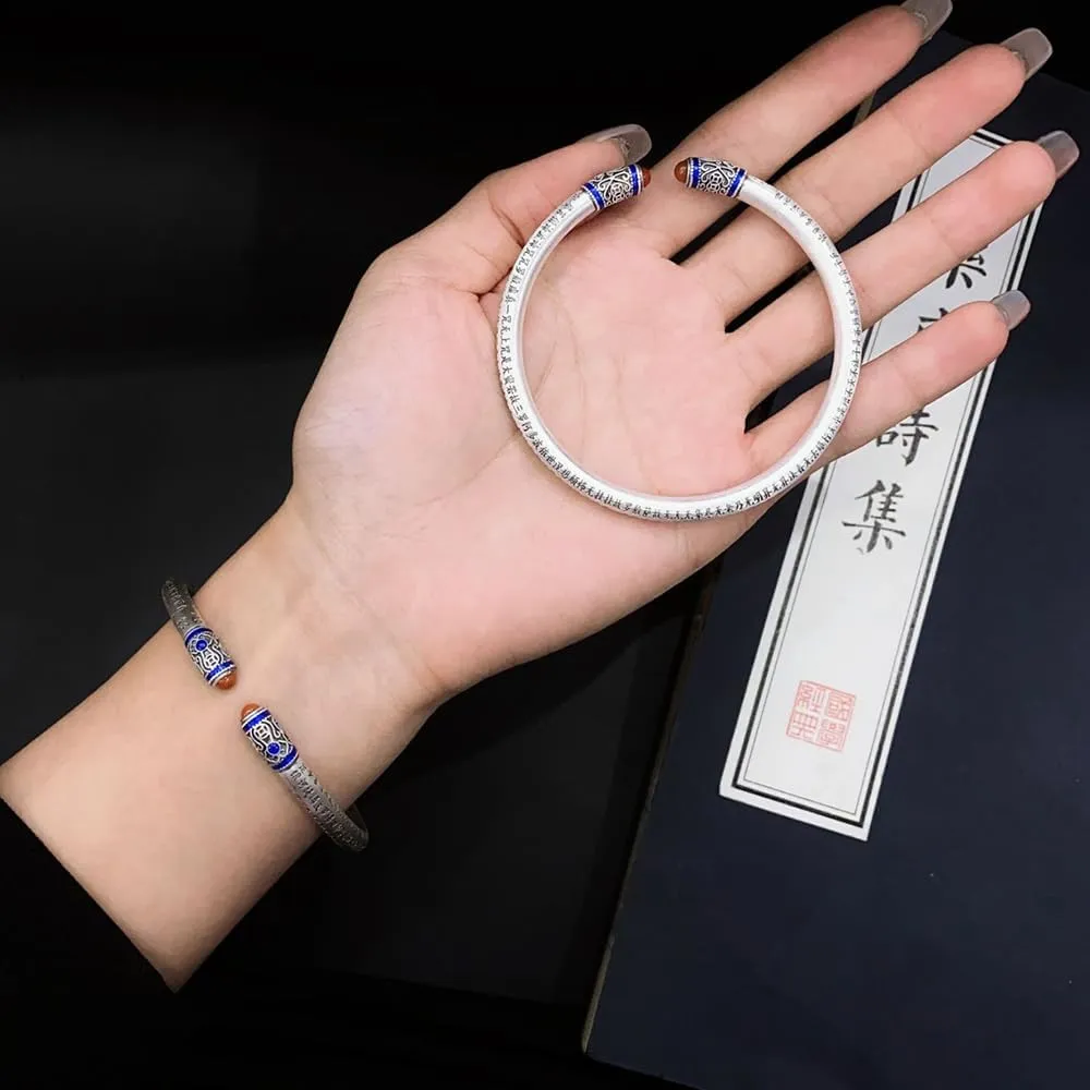 Feng Shui Bracelet, Vintage 999 Sterling Silver Heart Sutra Bracelet, Tibetan Buddhist Great Mercy Mantra Amulet, Neo Chinese Style Wealth Lucky Adjustable Bracelets