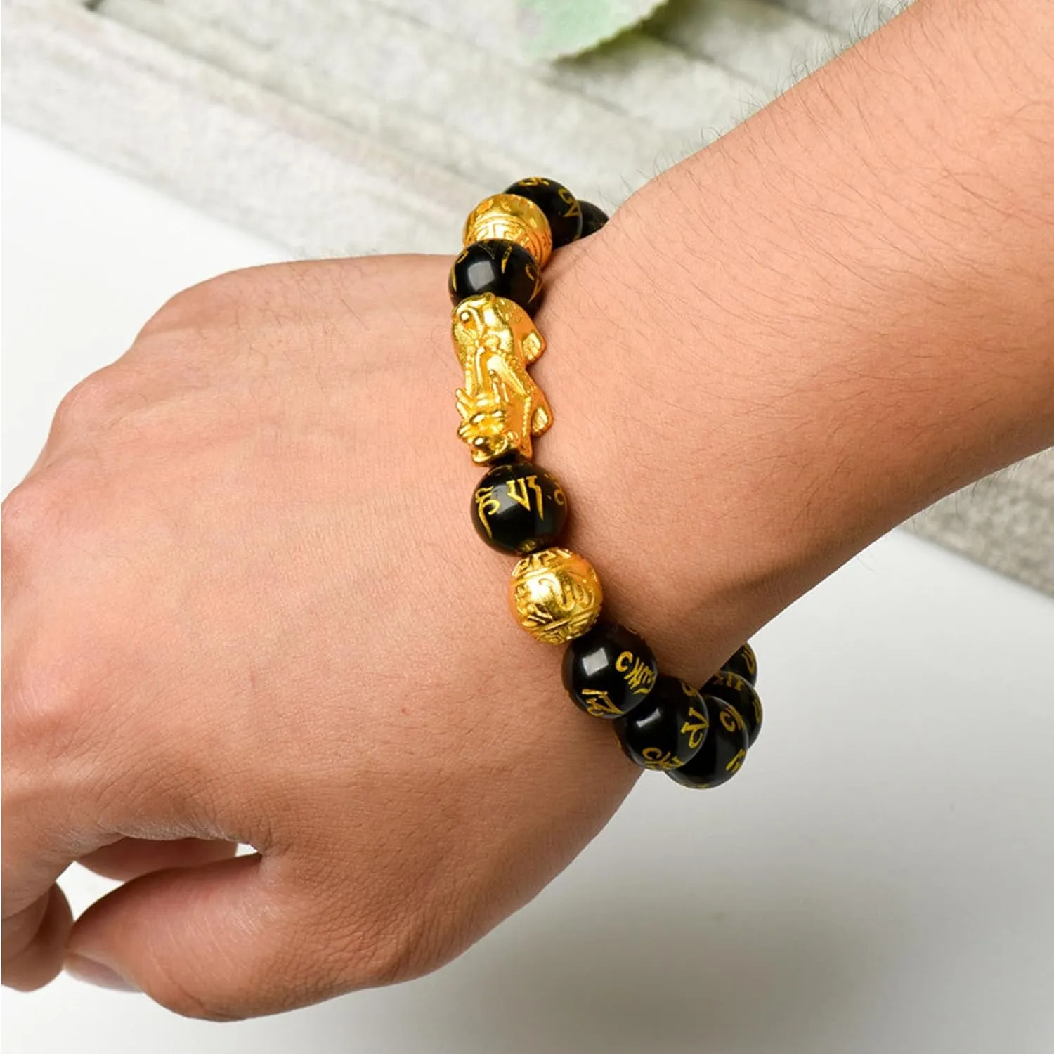 FengShui Wealth And Luck Bracelet, Feng Shui Black Obsidian Pixiu Wealth Bracelet Prosperity Buddha Beads Elastic Bracelets for Women Men Jewelry