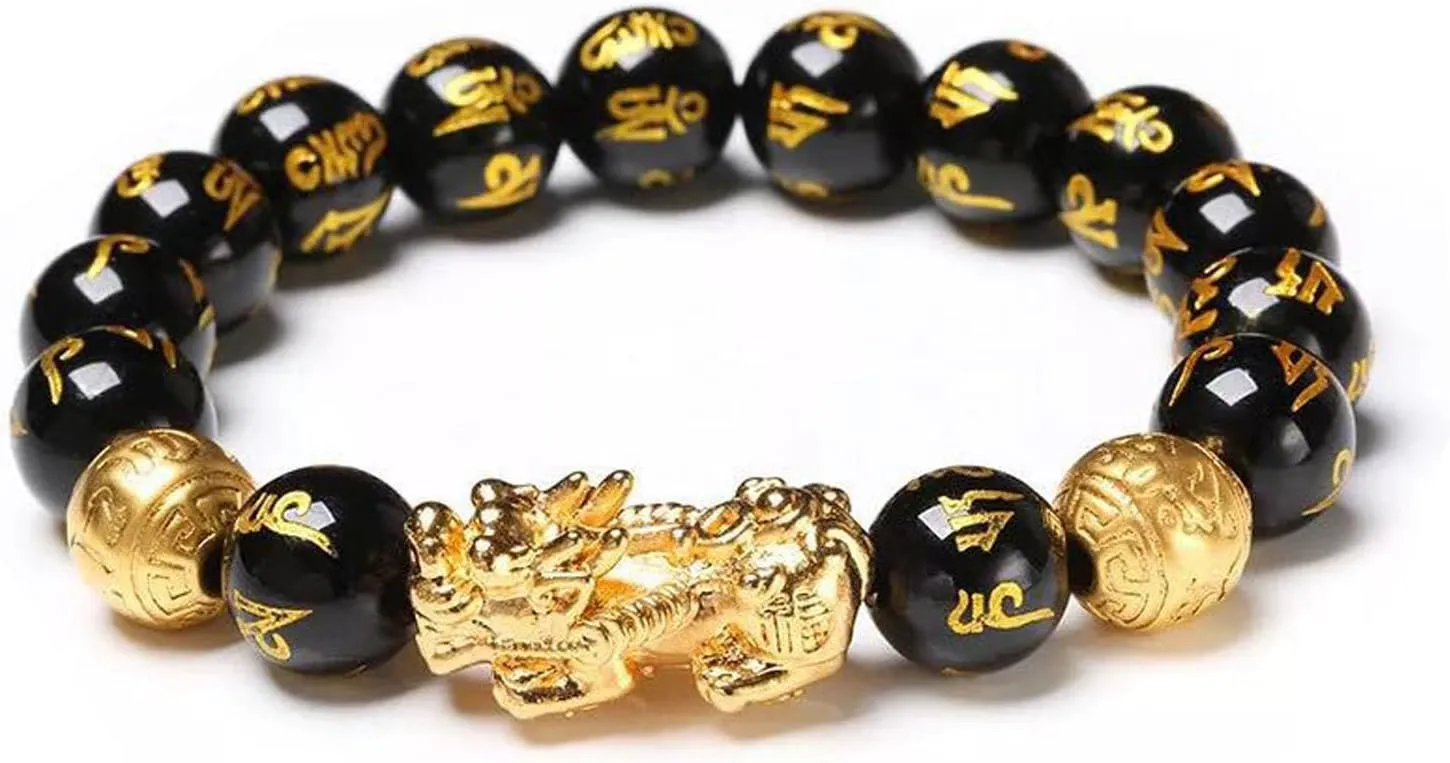 FengShui Wealth And Luck Bracelet, Feng Shui Black Obsidian Pixiu Wealth Bracelet Prosperity Buddha Beads Elastic Bracelets for Women Men Jewelry