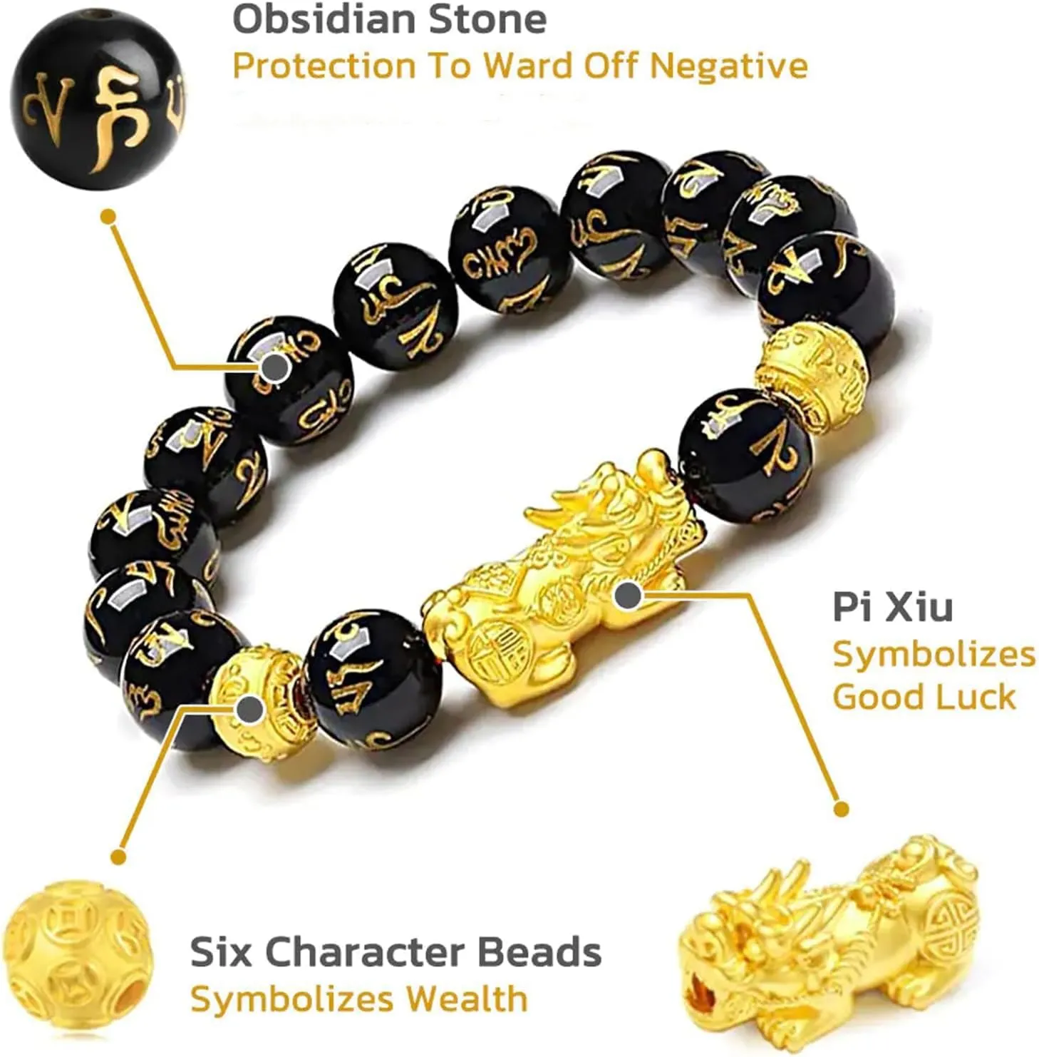 FengShui Wealth And Luck Bracelet, Feng Shui Black Obsidian Pixiu Wealth Bracelet Prosperity Buddha Beads Elastic Bracelets for Women Men Jewelry