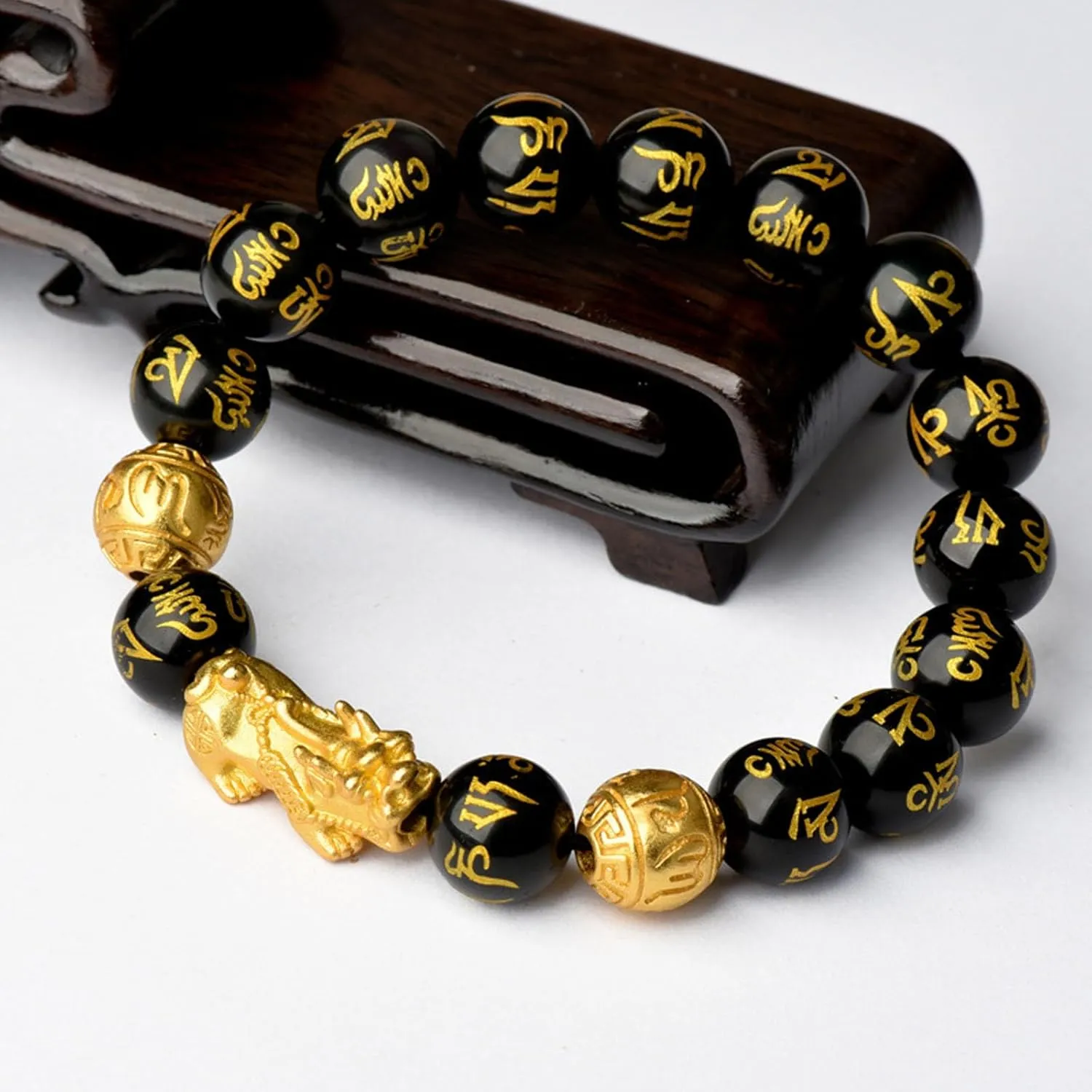 FengShui Wealth And Luck Bracelet, Feng Shui Black Obsidian Pixiu Wealth Bracelet Prosperity Buddha Beads Elastic Bracelets for Women Men Jewelry
