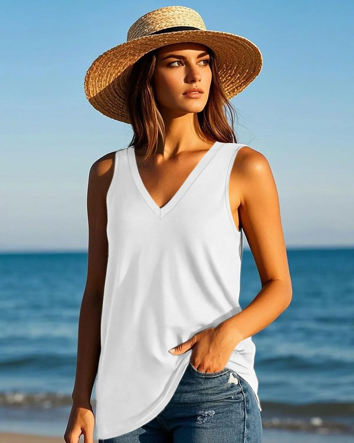 Ficerd 4 Pack V Neck Tank Tops for Women Sleeveless Shirts Loose Fit Tunic Tank Multipack 2025 Summer Beach Vacation Clothes