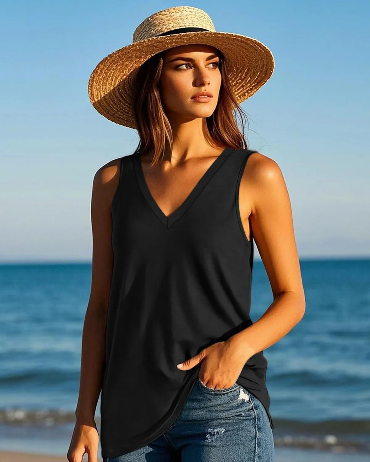 Ficerd 4 Pack V Neck Tank Tops for Women Sleeveless Shirts Loose Fit Tunic Tank Multipack 2025 Summer Beach Vacation Clothes