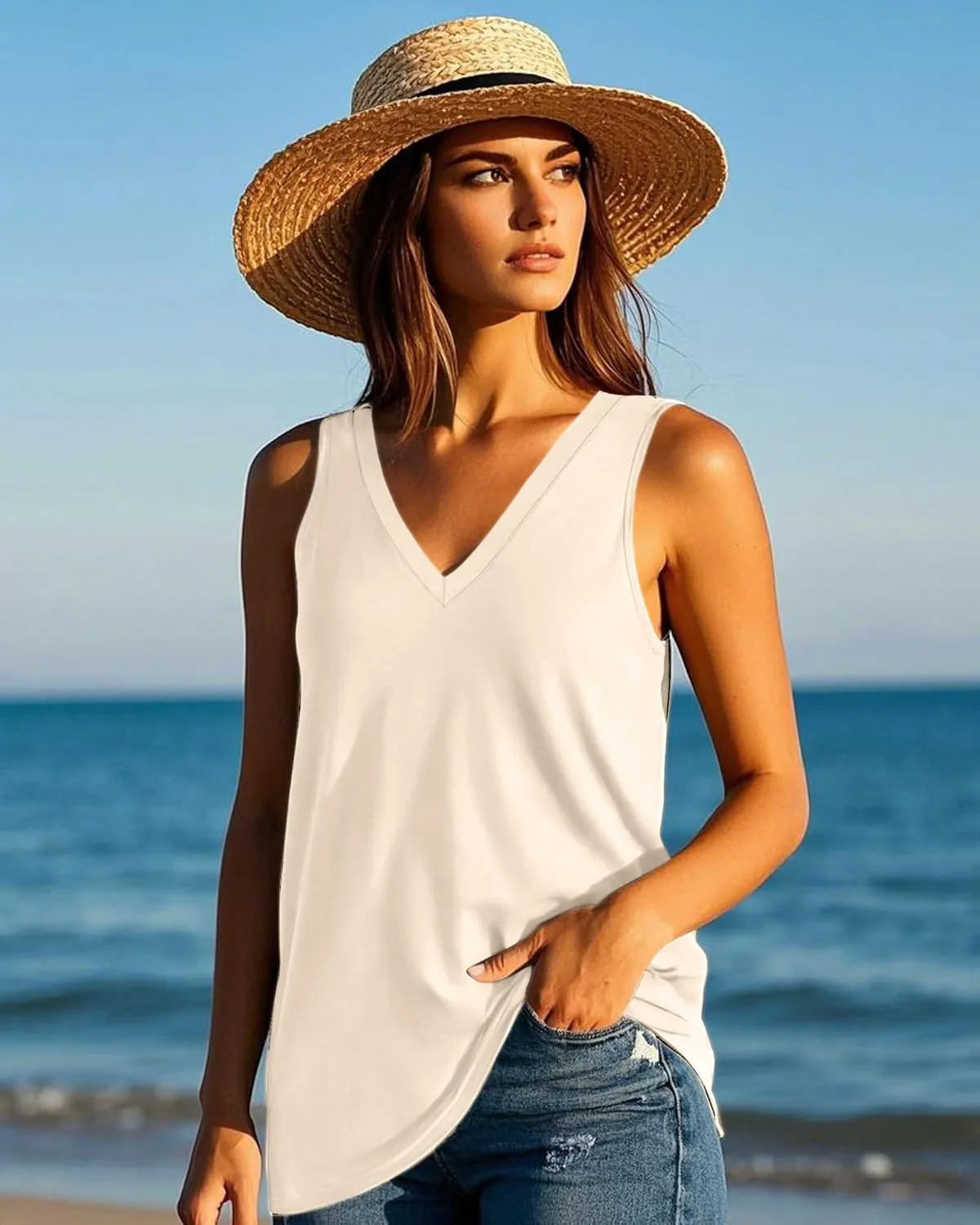 Ficerd 4 Pack V Neck Tank Tops for Women Sleeveless Shirts Loose Fit Tunic Tank Multipack 2025 Summer Beach Vacation Clothes