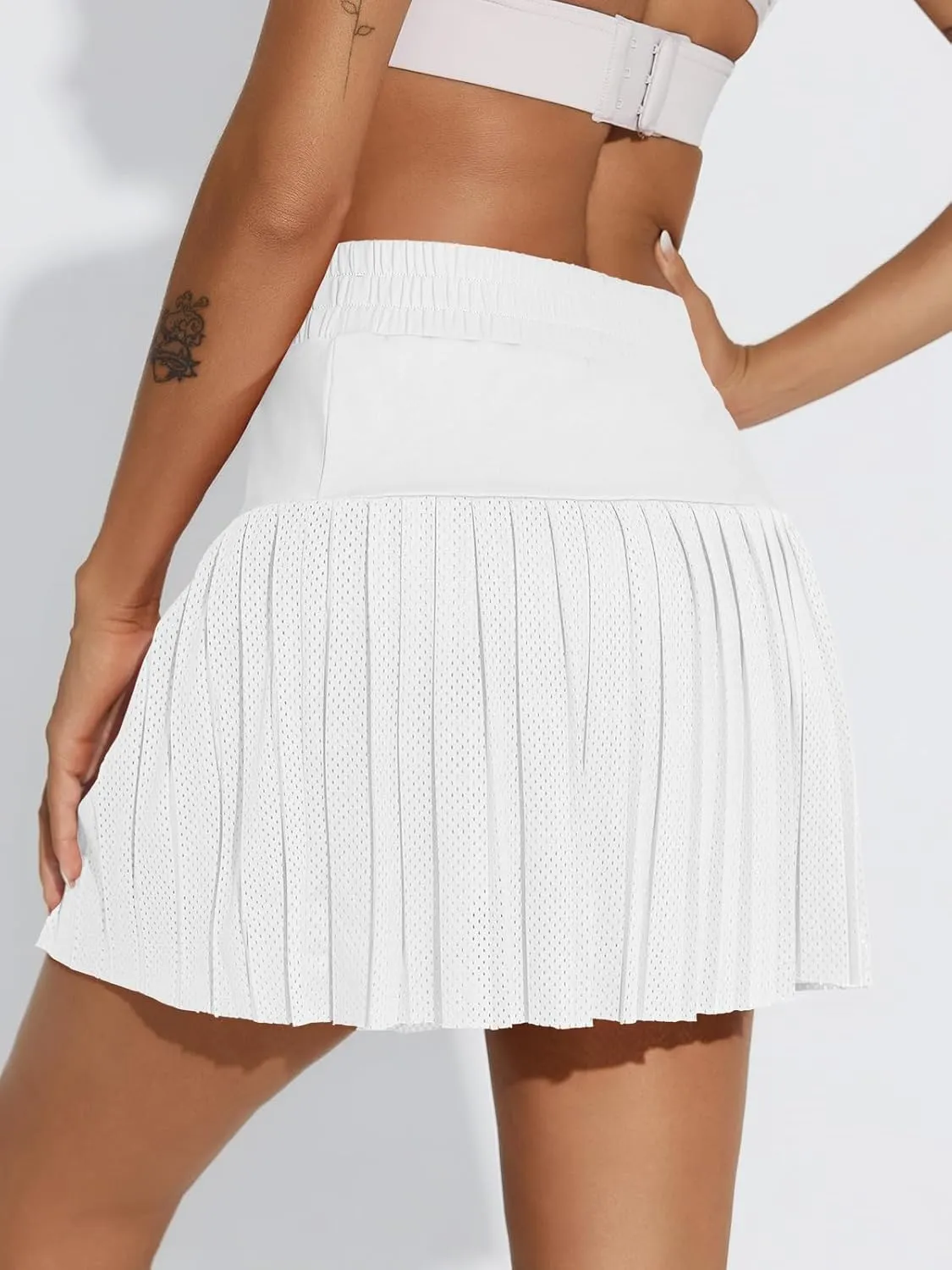 Fisoew Women's Mesh Tennis Skirts Built in Shorts High Waisted Pleated Athletic Golf Workout Skorts with Pockets