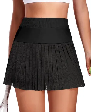 Fisoew Women's Mesh Tennis Skirts Built in Shorts High Waisted Pleated Athletic Golf Workout Skorts with Pockets