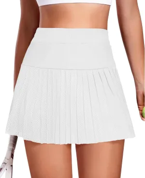 Fisoew Women's Mesh Tennis Skirts Built in Shorts High Waisted Pleated Athletic Golf Workout Skorts with Pockets