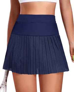 Fisoew Women's Mesh Tennis Skirts Built in Shorts High Waisted Pleated Athletic Golf Workout Skorts with Pockets