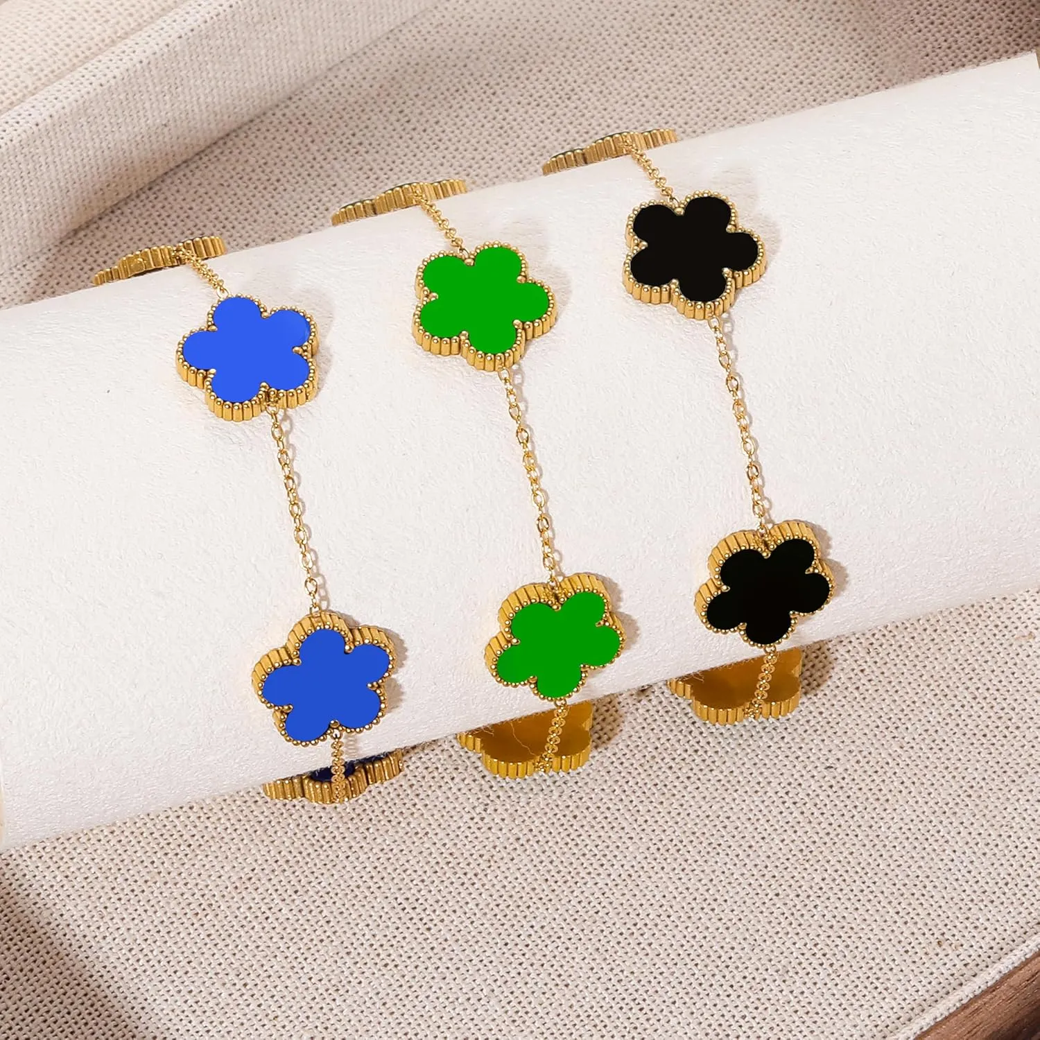 Five Leaf Clover Bracelet for Women-18K Gold Plated Lucky Link Grass Bracelets Stainless Steel White/Black/Blue/Gold/Crystal Flower Trendy Jewelry Gifts
