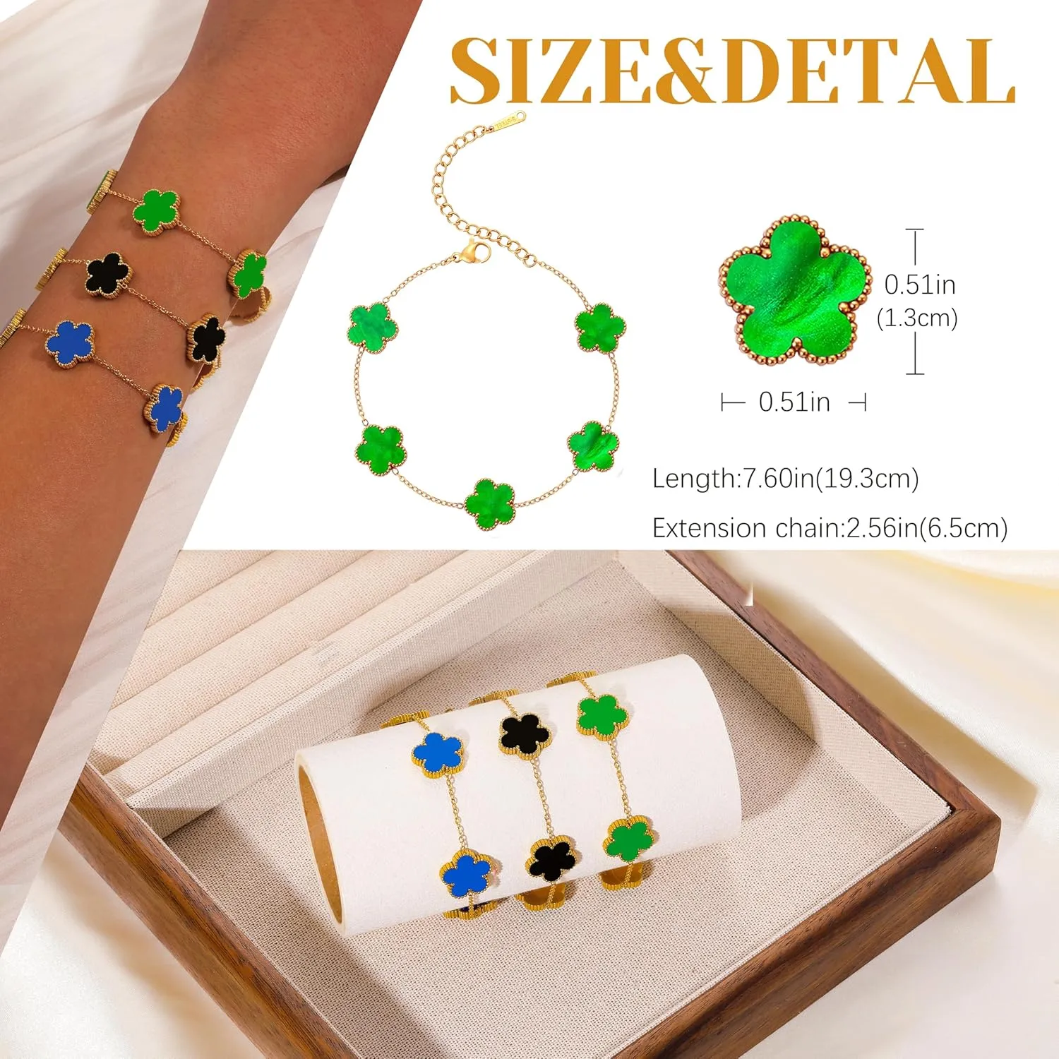 Five Leaf Clover Bracelet for Women-18K Gold Plated Lucky Link Grass Bracelets Stainless Steel White/Black/Blue/Gold/Crystal Flower Trendy Jewelry Gifts