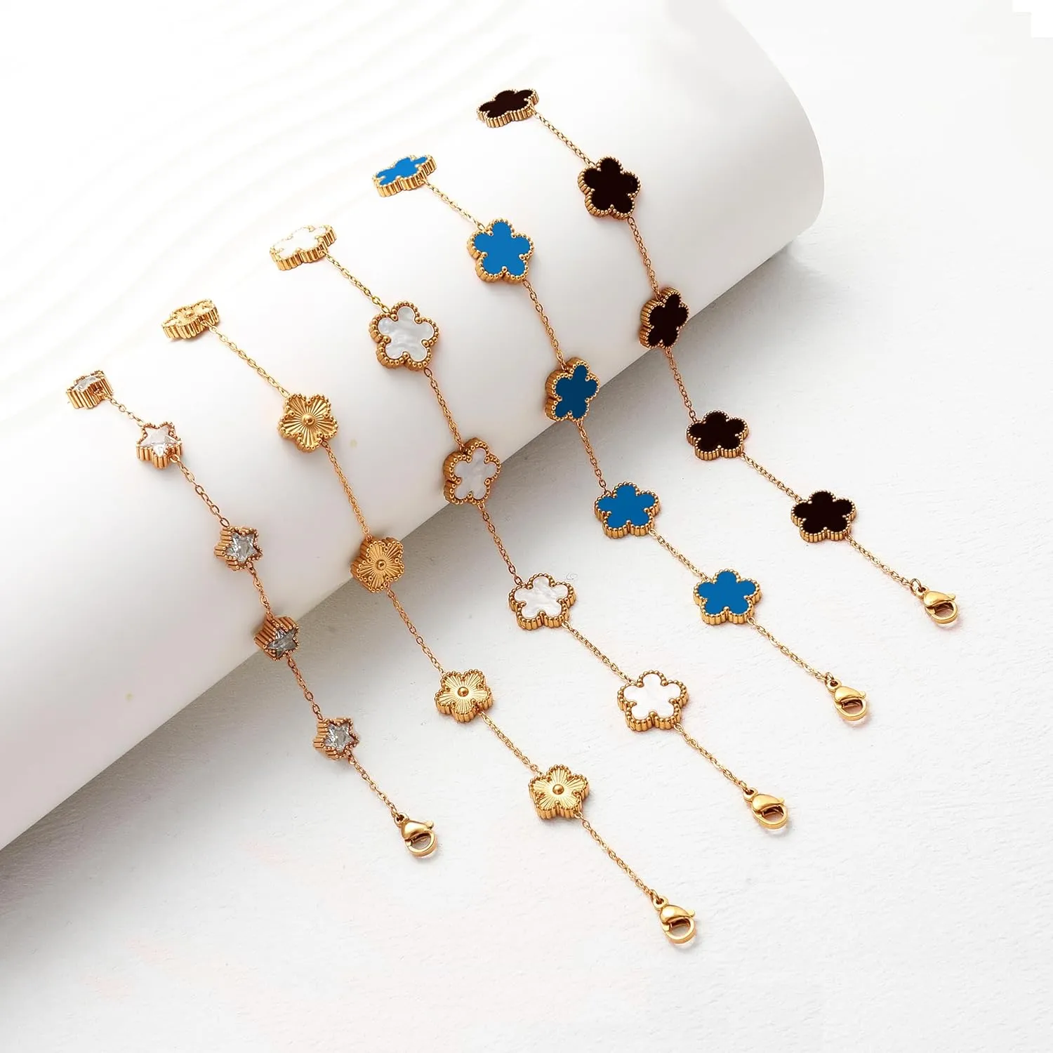 Five Leaf Clover Bracelet for Women-18K Gold Plated Lucky Link Grass Bracelets Stainless Steel White/Black/Blue/Gold/Crystal Flower Trendy Jewelry Gifts