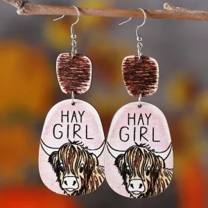 Funny Highland Cow Earring for Women Wooden Cow Print Western Highland Cow Earrings for Cowboy Cowgirl 7080S Retro Costume Party Decoration Jewelry
