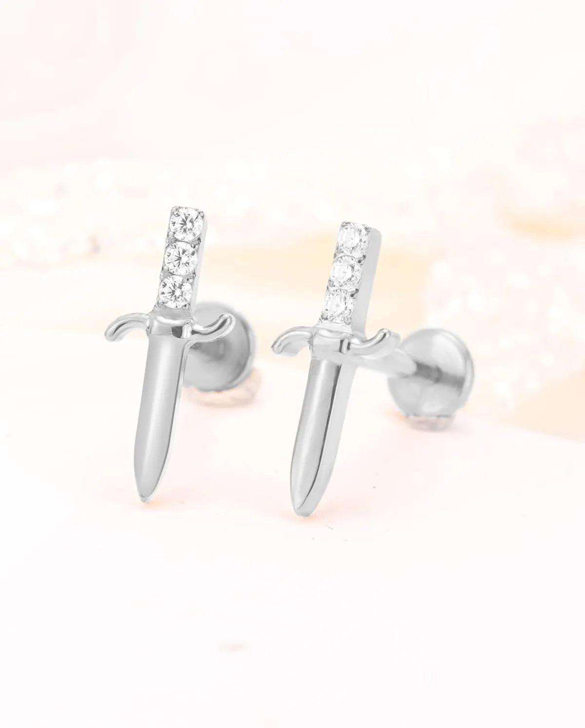 G23 Implant-Grade Titanium Stud Earrings for Sensitive Ears - Hypoallergenic CZ/Diamond Accent - Silver/Gold Dagger Design