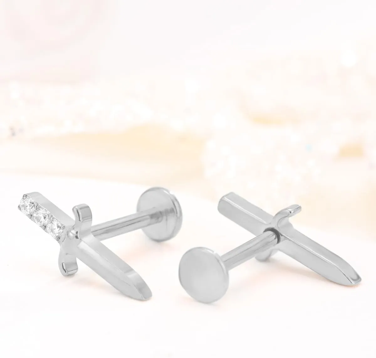 G23 Implant-Grade Titanium Stud Earrings for Sensitive Ears - Hypoallergenic CZ/Diamond Accent - Silver/Gold Dagger Design
