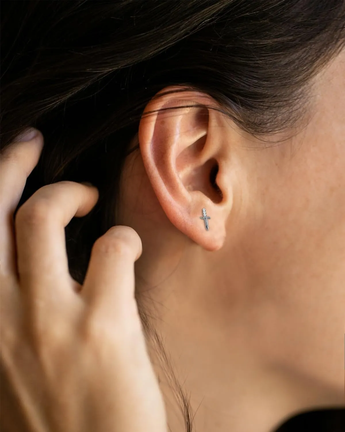G23 Implant-Grade Titanium Stud Earrings for Sensitive Ears - Hypoallergenic CZ/Diamond Accent - Silver/Gold Dagger Design