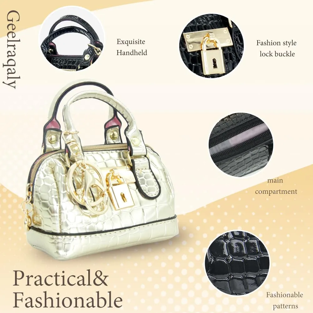 Geerlaqaly Mini Handbag Keychain, PU Leather Crocodile Pattern, Small Change Pouch Coin Purse with Chain harness