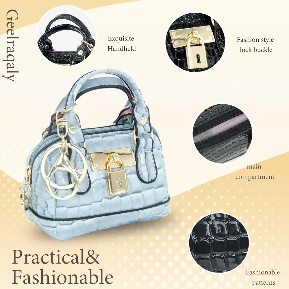 Geerlaqaly Mini Handbag Keychain, PU Leather Crocodile Pattern, Small Change Pouch Coin Purse with Chain harness