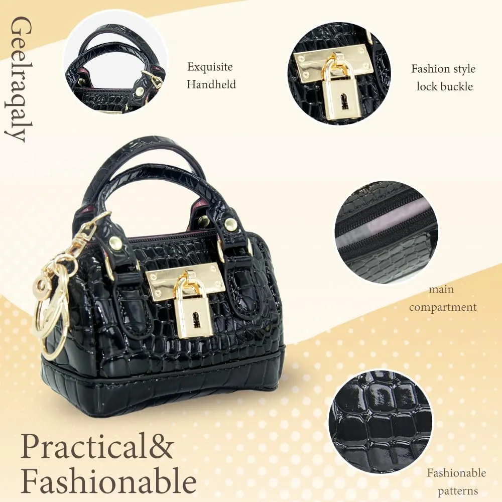 Geerlaqaly Mini Handbag Keychain, PU Leather Crocodile Pattern, Small Change Pouch Coin Purse with Chain harness