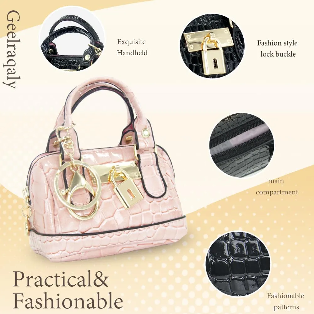 Geerlaqaly Mini Handbag Keychain, PU Leather Crocodile Pattern, Small Change Pouch Coin Purse with Chain harness