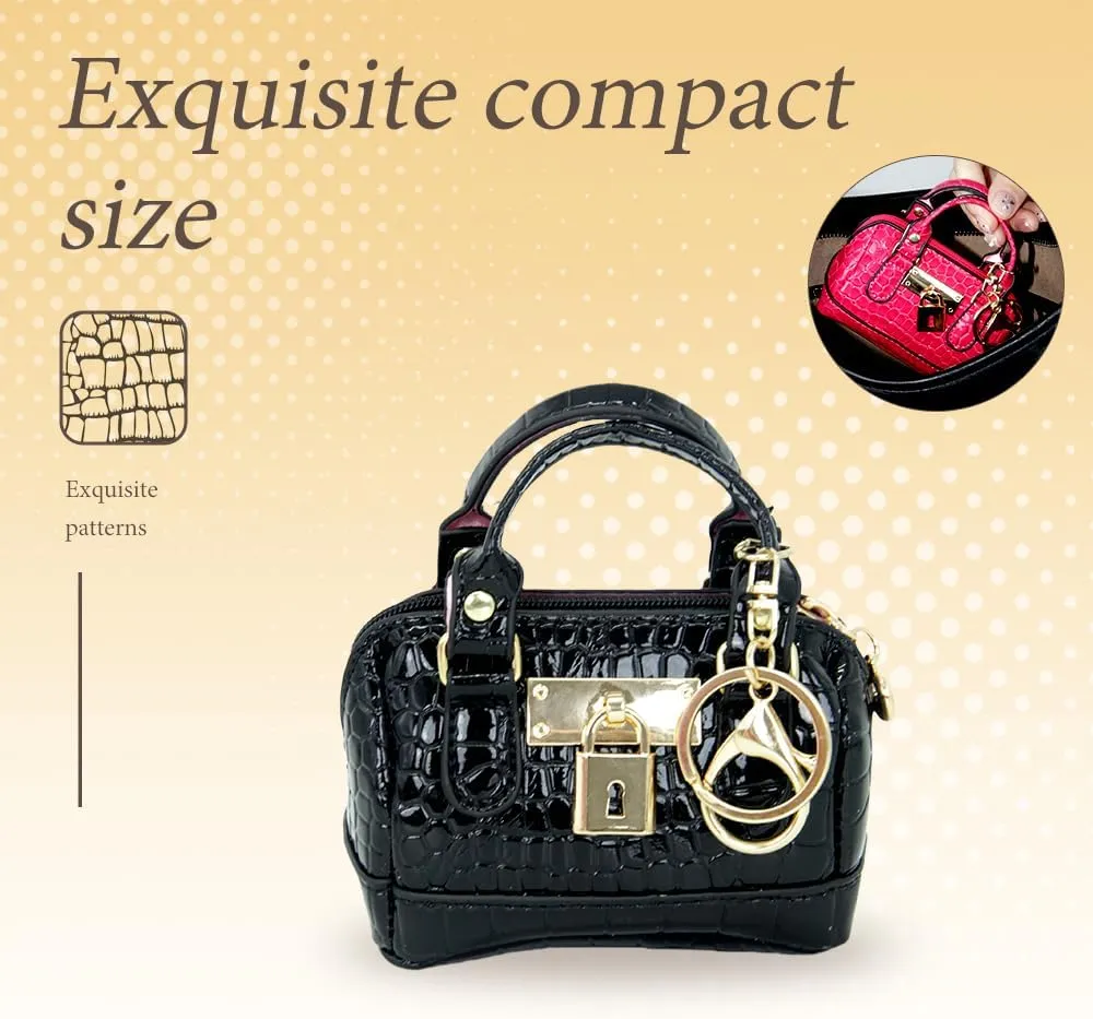 Geerlaqaly Mini Handbag Keychain, PU Leather Crocodile Pattern, Small Change Pouch Coin Purse with Chain harness