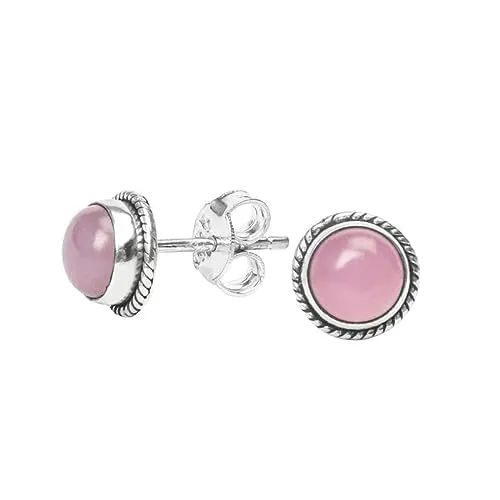 Gemstone Stud Earrings in 925 Sterling Silver | Natural 6MM Gemstones - Amethyst, Onyx, Citrine, Moonstone | Hypoallergenic Jewelry (Rose Quartz)