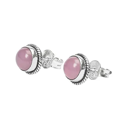 Gemstone Stud Earrings in 925 Sterling Silver | Natural 6MM Gemstones - Amethyst, Onyx, Citrine, Moonstone | Hypoallergenic Jewelry (Rose Quartz)