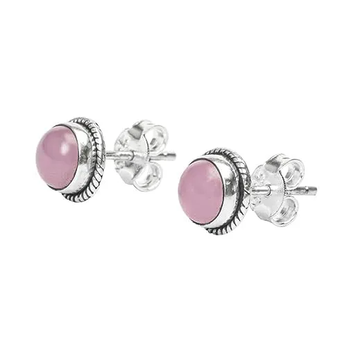 Gemstone Stud Earrings in 925 Sterling Silver | Natural 6MM Gemstones - Amethyst, Onyx, Citrine, Moonstone | Hypoallergenic Jewelry (Rose Quartz)