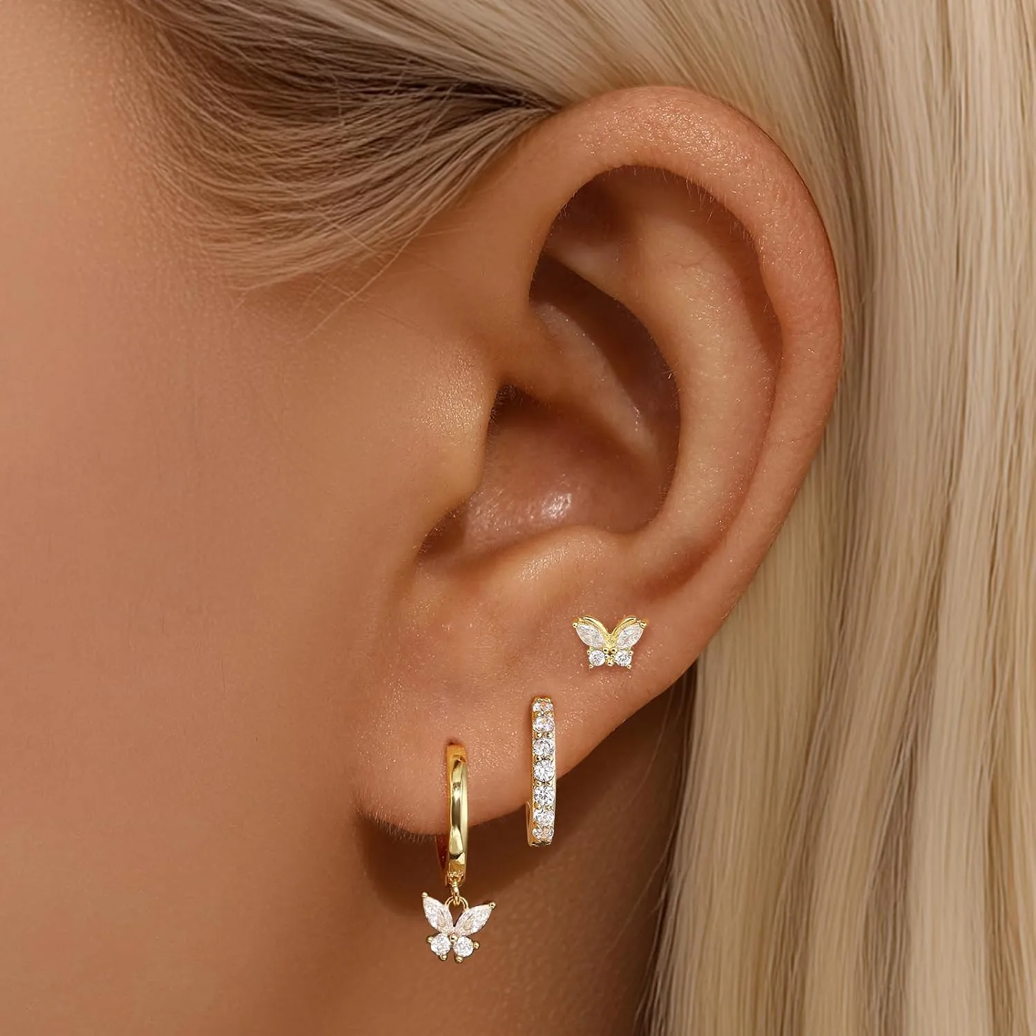 GEORGE SMITH Gold Butterfly Earrings, Dainty Hoop Sets for Multiple Piercing, Earring Stacks, Huggie Drop Dangle Stud Cartilage Jewelry for Women Gifts