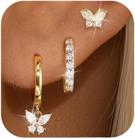 GEORGE SMITH Gold Butterfly Earrings, Dainty Hoop Sets for Multiple Piercing, Earring Stacks, Huggie Drop Dangle Stud Cartilage Jewelry for Women Gifts