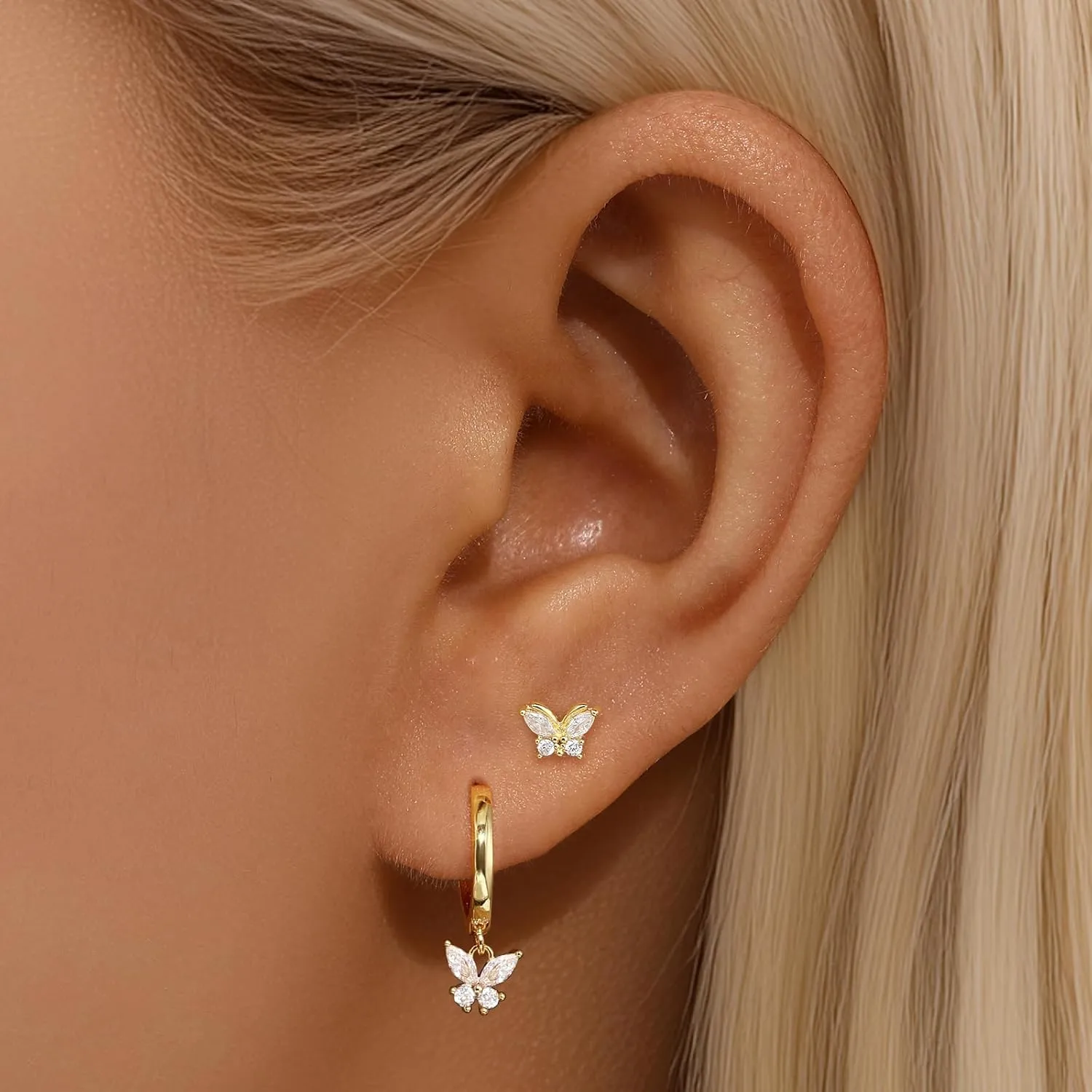 GEORGE SMITH Gold Butterfly Earrings, Dainty Hoop Sets for Multiple Piercing, Earring Stacks, Huggie Drop Dangle Stud Cartilage Jewelry for Women Gifts