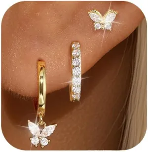 GEORGE SMITH Gold Butterfly Earrings, Dainty Hoop Sets for Multiple Piercing, Earring Stacks, Huggie Drop Dangle Stud Cartilage Jewelry for Women Gifts