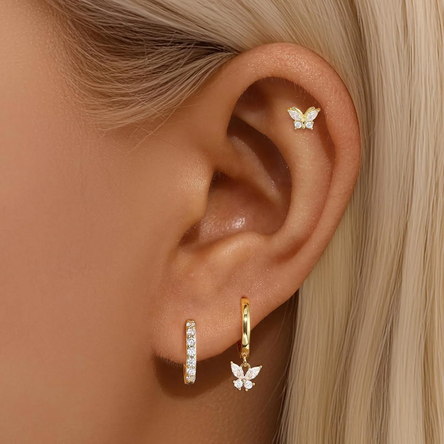 GEORGE SMITH Gold Butterfly Earrings, Dainty Hoop Sets for Multiple Piercing, Earring Stacks, Huggie Drop Dangle Stud Cartilage Jewelry for Women Gifts