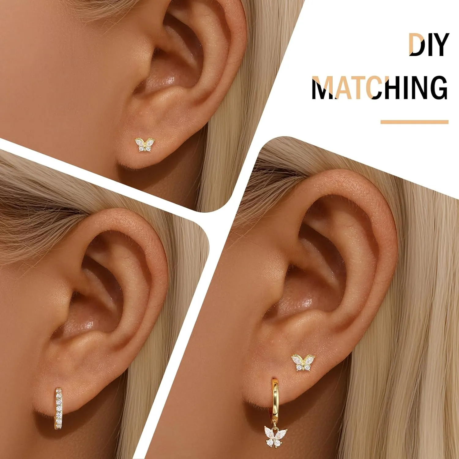 GEORGE SMITH Gold Butterfly Earrings, Dainty Hoop Sets for Multiple Piercing, Earring Stacks, Huggie Drop Dangle Stud Cartilage Jewelry for Women Gifts