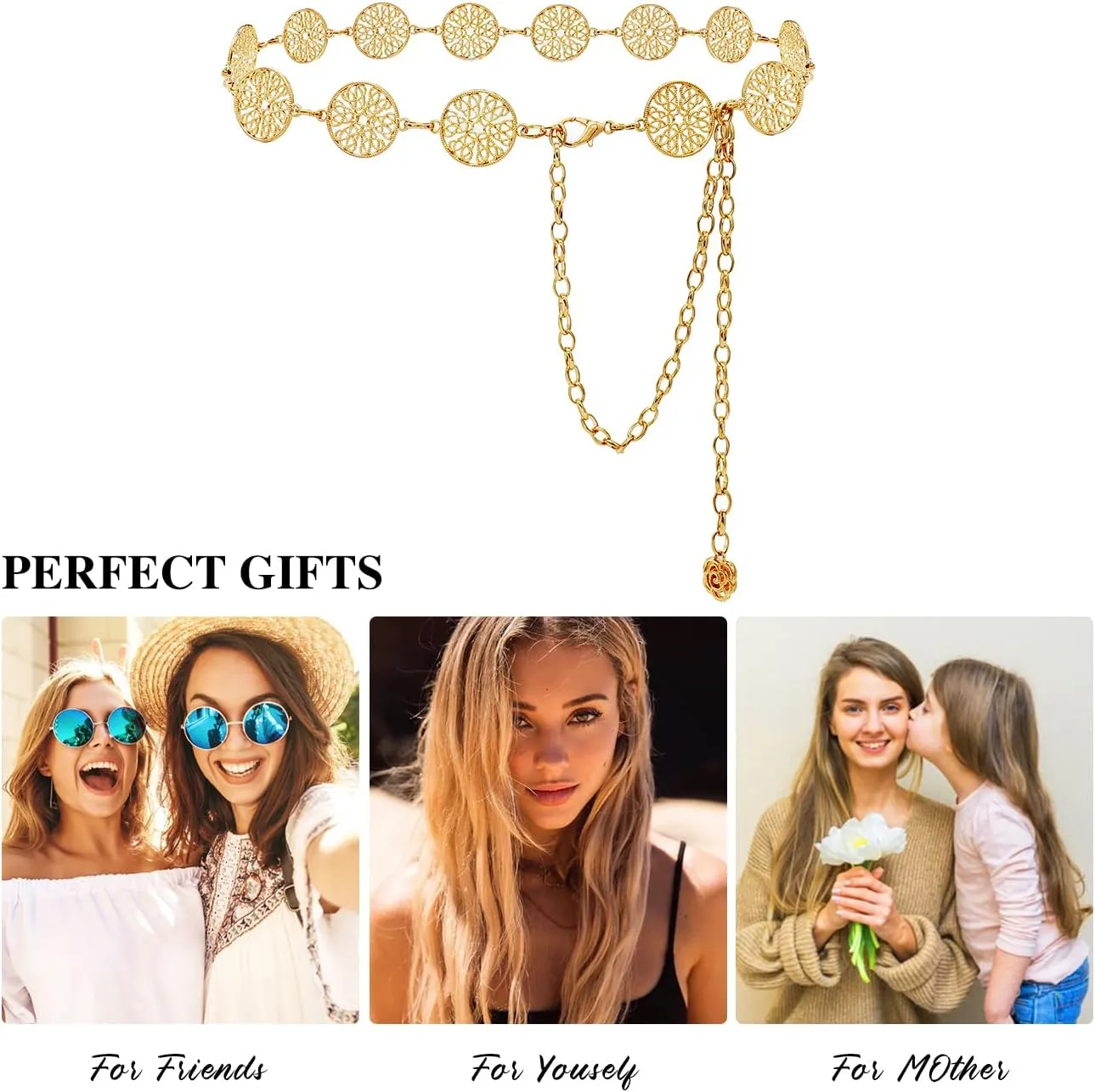 Glamorstar Chain Belts for Women Hollow Metal Waist Chain Belts Dress Belt for Her