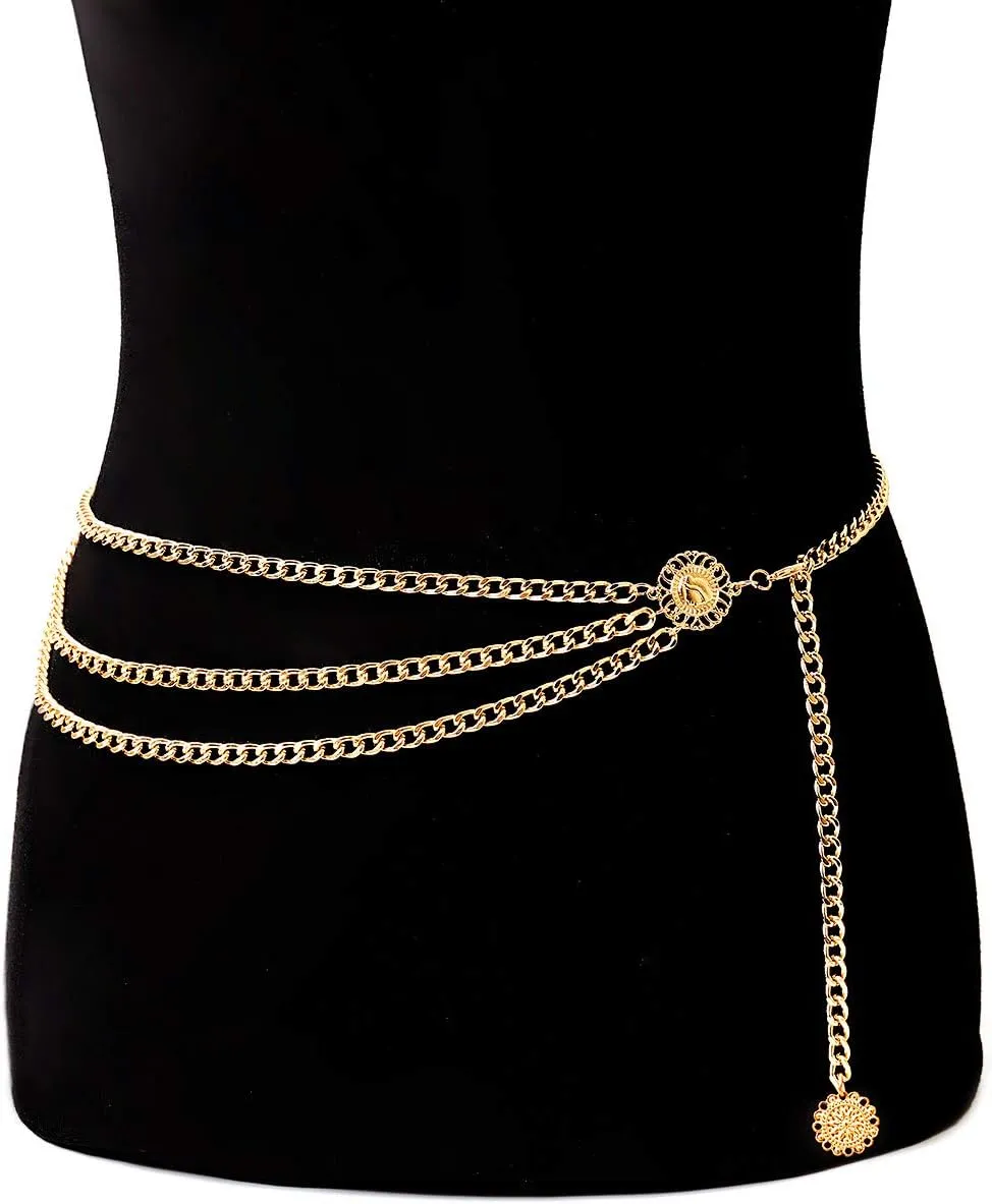 Glamorstar Multilayer Metal Waist Chain Dress Belts Metal Belt for Women