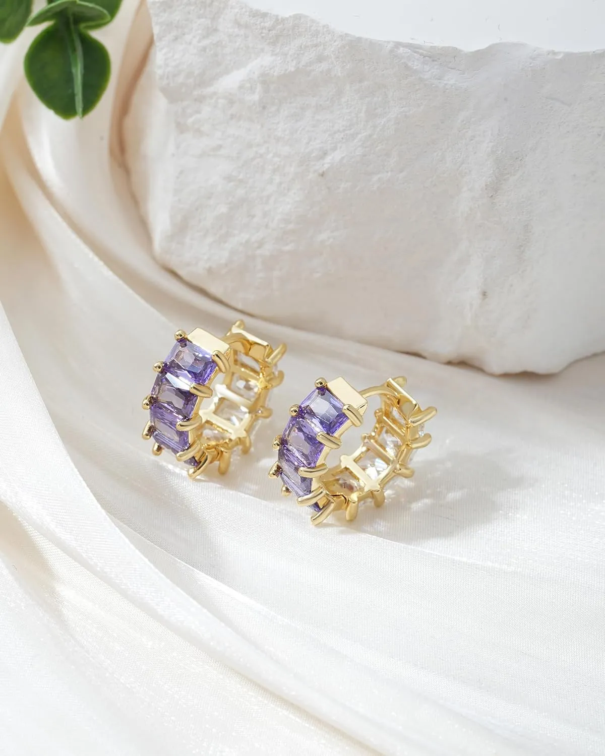 Gold Hoop Earrings for Women Trendy, 18K Gold Plated Crystal Hypoallergenic CZ Earrings Silver Huggie Small Hoops Purple Green Earrings Dainty Jewelry Gifts for Women