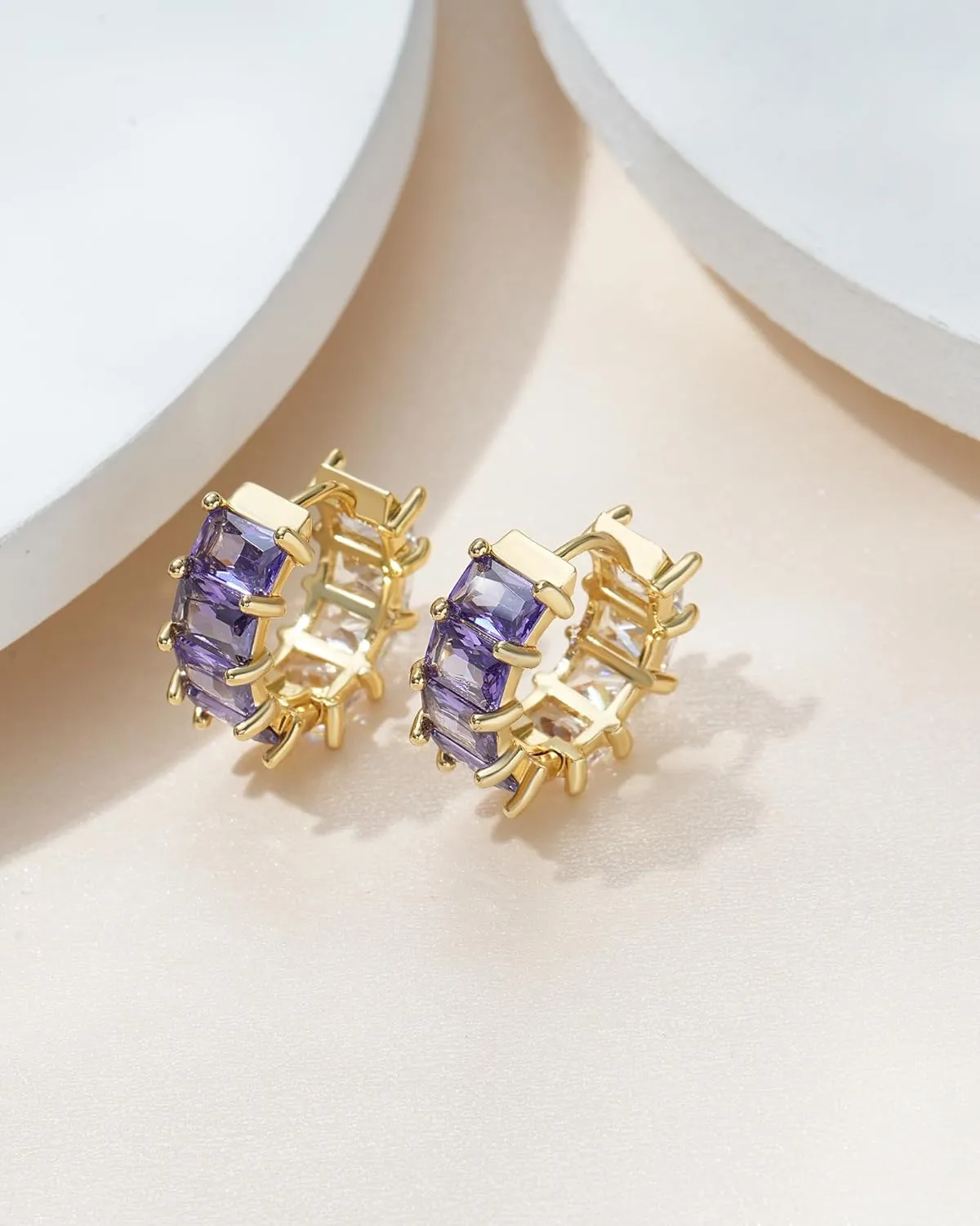 Gold Hoop Earrings for Women Trendy, 18K Gold Plated Crystal Hypoallergenic CZ Earrings Silver Huggie Small Hoops Purple Green Earrings Dainty Jewelry Gifts for Women