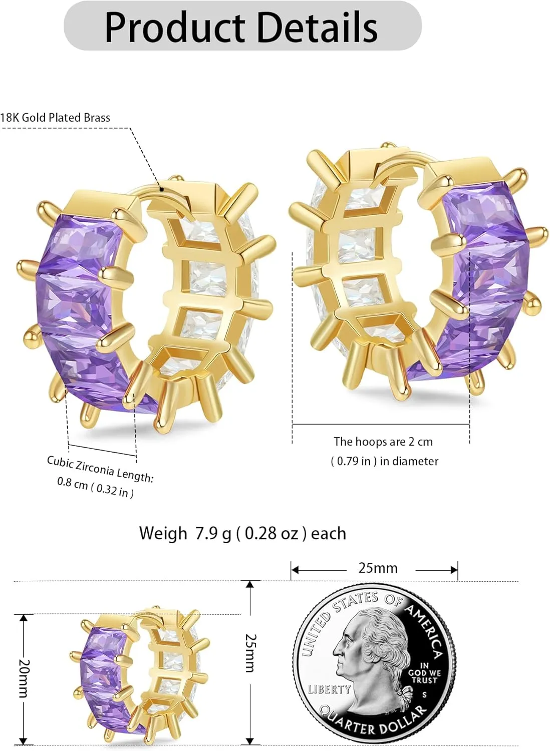 Gold Hoop Earrings for Women Trendy, 18K Gold Plated Crystal Hypoallergenic CZ Earrings Silver Huggie Small Hoops Purple Green Earrings Dainty Jewelry Gifts for Women