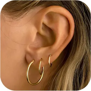 Gold Hoop Earrings Set for Women,14k Gold Plated Gold Hoops with Sterling Silver Post Hypoallergenic Thin Hoop Gold Earrings for Girls Trendy Jewelry Gifts
