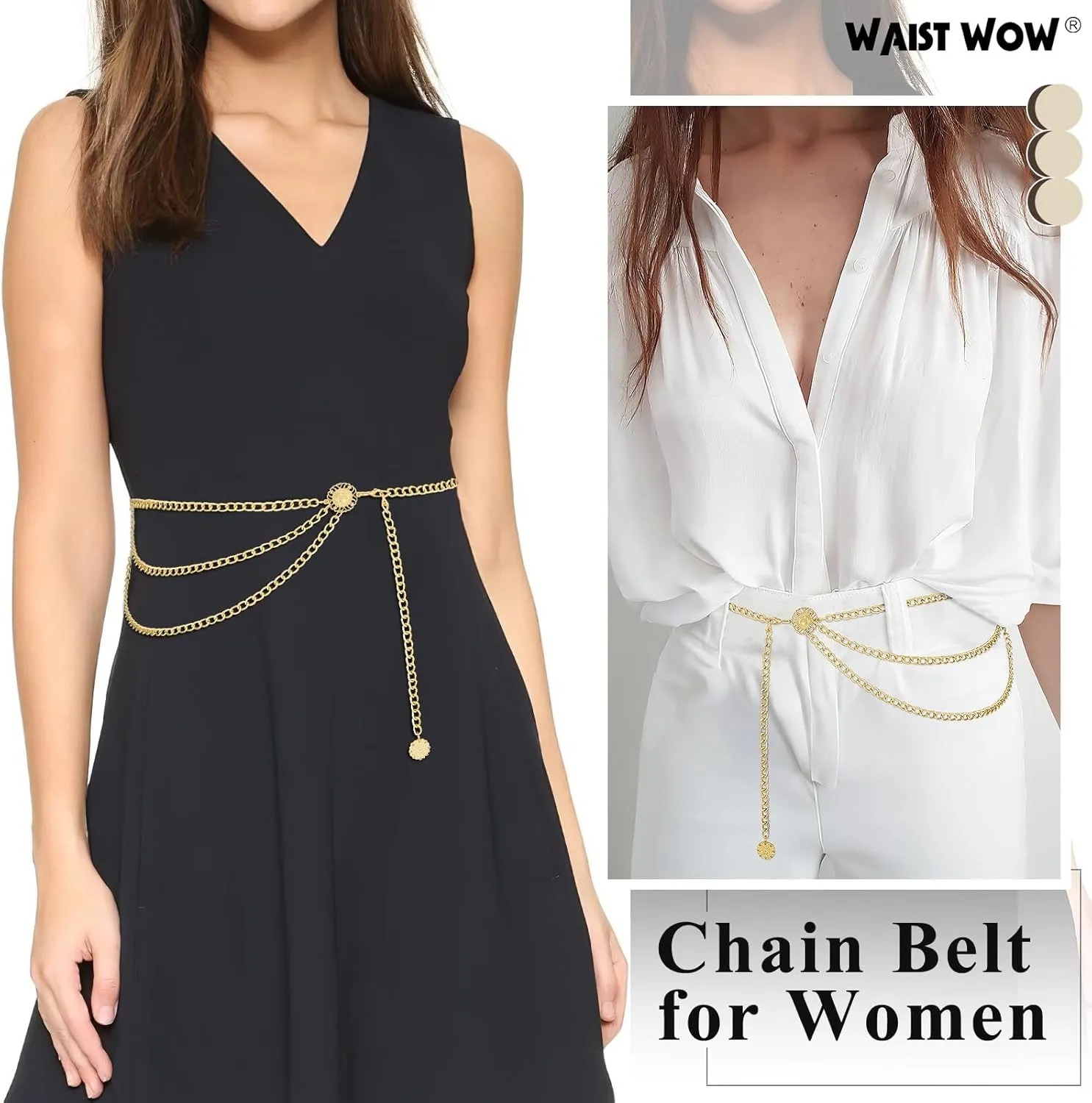 Gold Metal Waist Chain for Women - Adjustable Body Chain with Link Belts for Dress & Jeans