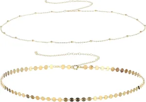 Gold Waist Chain, 2Pcs Layered Belly Chain Adjustable Metal Link Body Chain Belt Waterproof Bikini Waist Beads Chain Dainty Satellite Beads Coin Chain Jewelry Gifts for Women