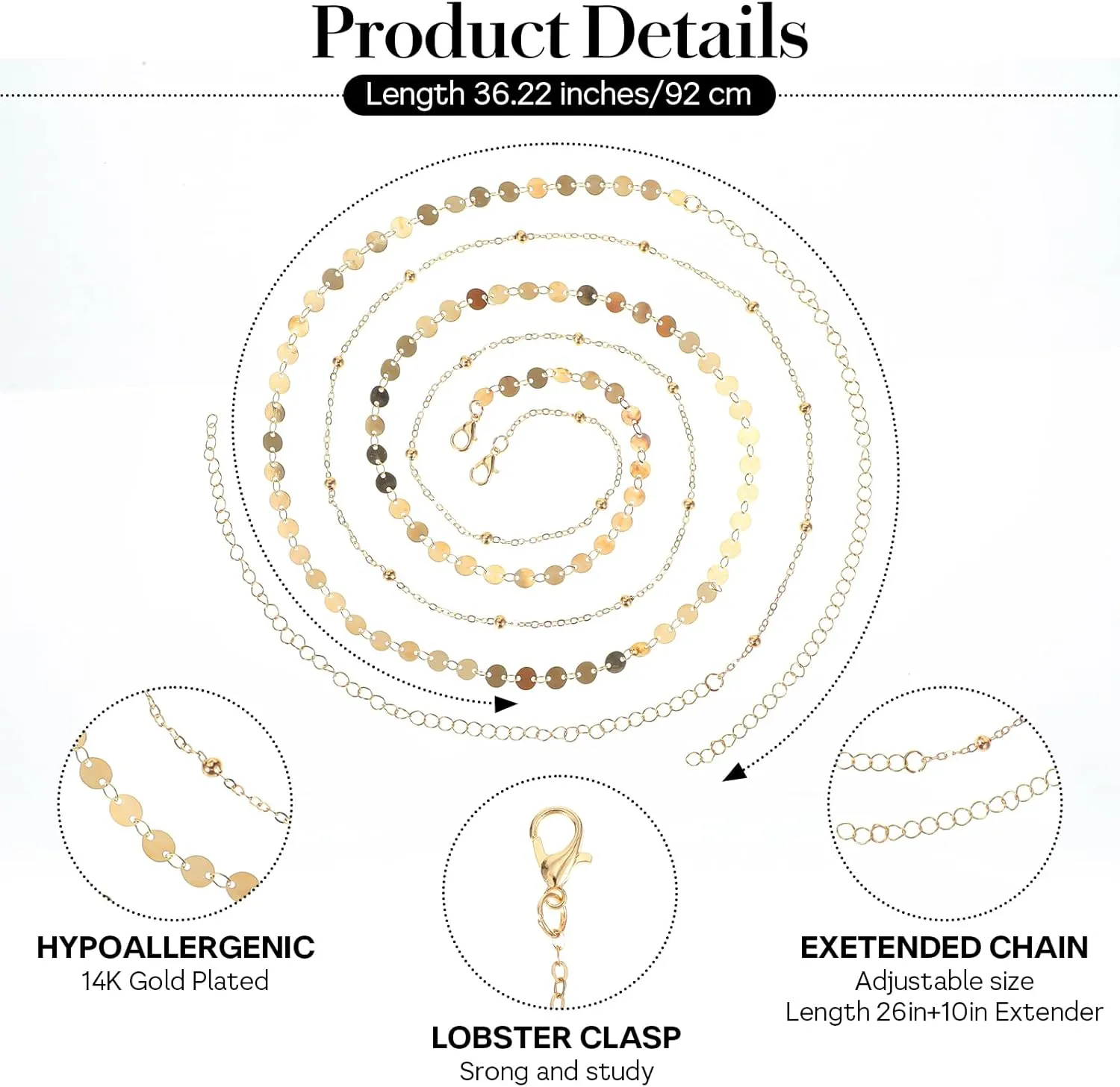 Gold Waist Chain, 2Pcs Layered Belly Chain Adjustable Metal Link Body Chain Belt Waterproof Bikini Waist Beads Chain Dainty Satellite Beads Coin Chain Jewelry Gifts for Women