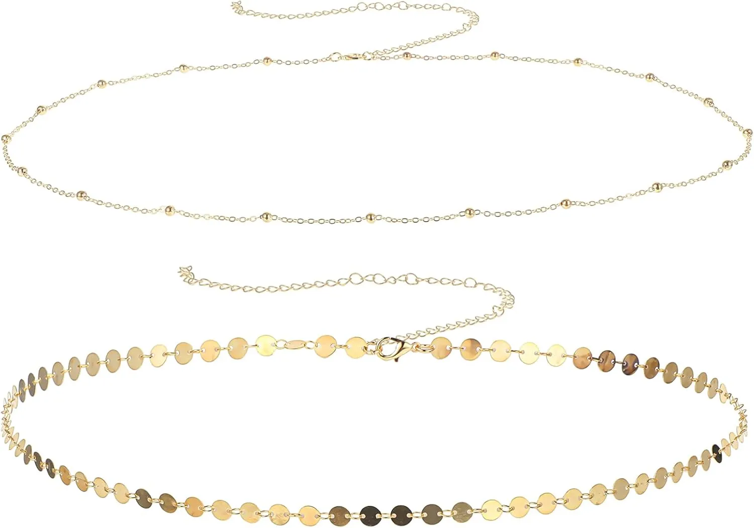 Gold Waist Chain, 2Pcs Layered Belly Chain Adjustable Metal Link Body Chain Belt Waterproof Bikini Waist Beads Chain Dainty Satellite Beads Coin Chain Jewelry Gifts for Women