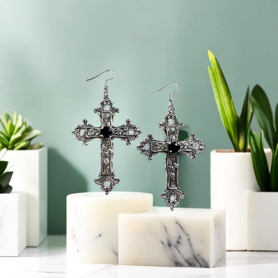 Gothic Cross Earrings Red Black Crystal Gemstone Cross Earrings Vintage Flower Pattern Big Cross Dangle Drop Earrings Halloween Clothing Accessories for Women