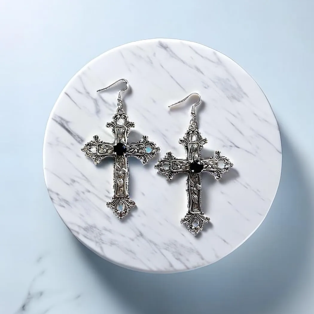 Gothic Cross Earrings Red Black Crystal Gemstone Cross Earrings Vintage Flower Pattern Big Cross Dangle Drop Earrings Halloween Clothing Accessories for Women