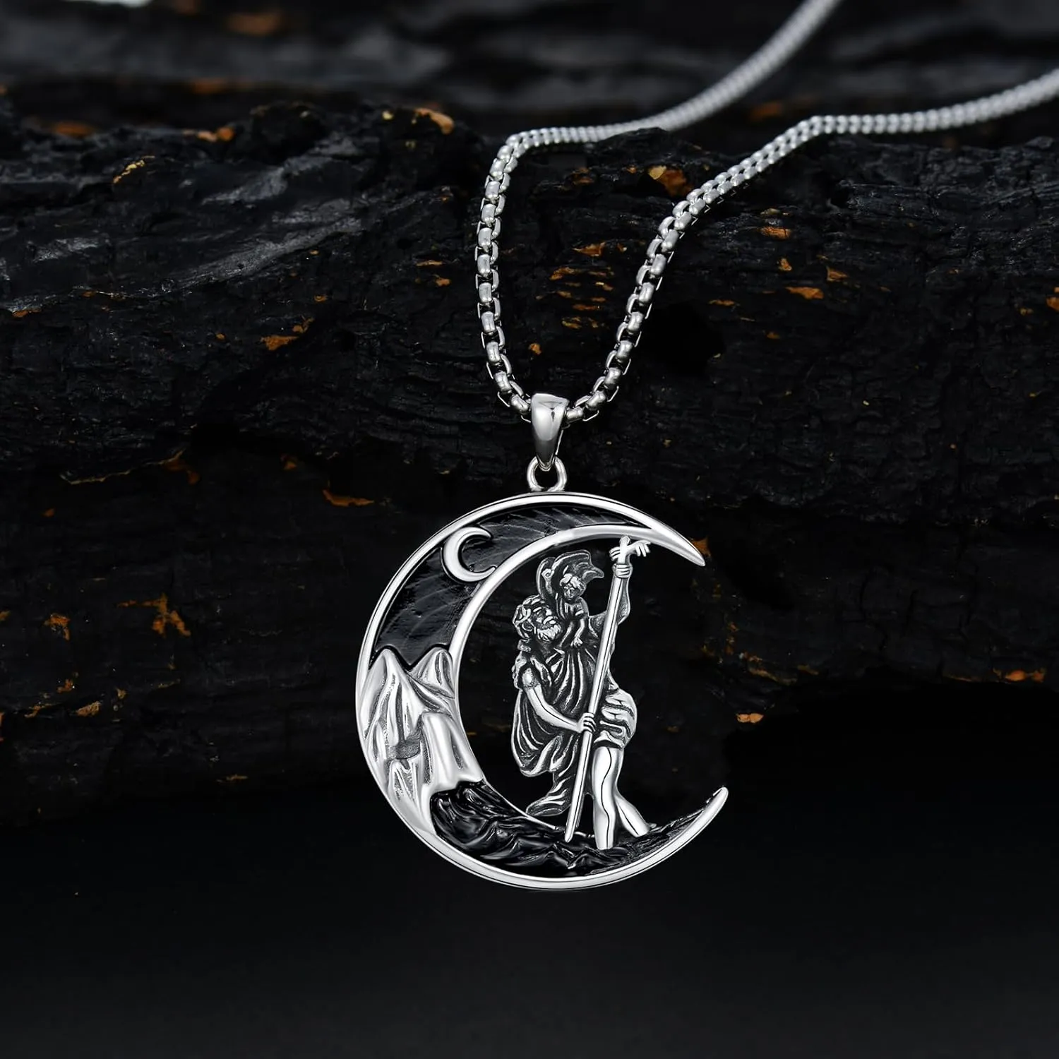Gothic Jewelry for Men Women 925 Sterling Silver Black Crescent Moon Pendant with Mountain Necklace Goth Jewelry Gifts