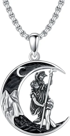 Gothic Jewelry for Men Women 925 Sterling Silver Black Crescent Moon Pendant with Mountain Necklace Goth Jewelry Gifts