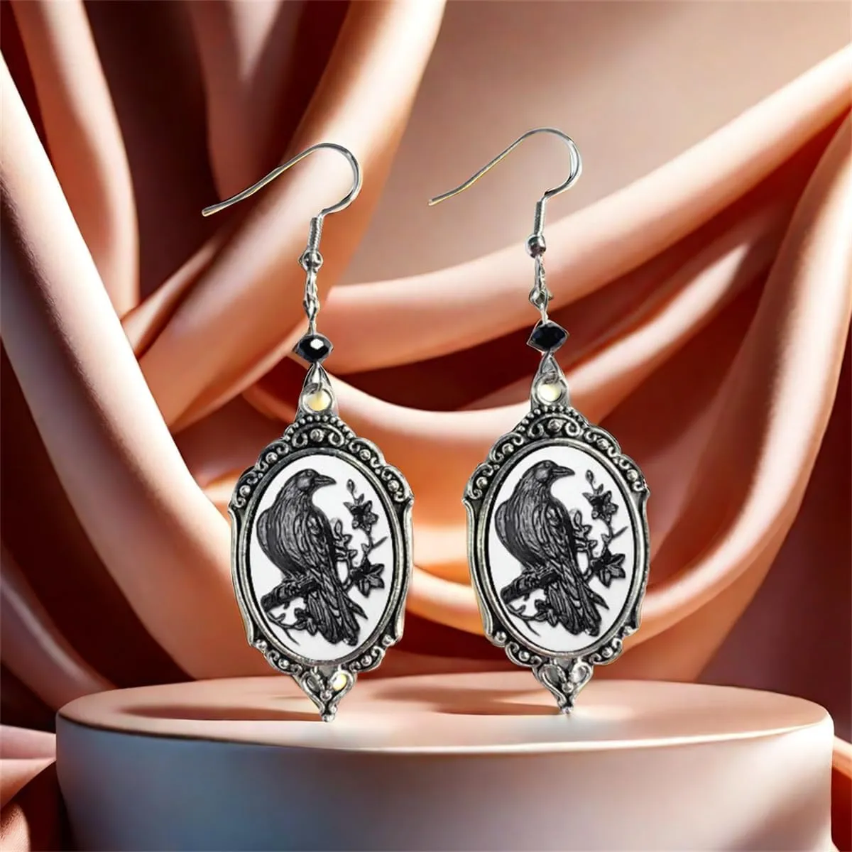 Gothic Raven Cross Glass Dangle Earrings,Vintage Victorian Drop Earrings Goth Crystal Gem Crow Earrings Mystic Witch Halloween Jewelry Gift Accessories